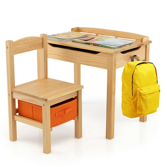 Gymax Ensemble de Table et de Chaise pour Enfants Bureau d'Étude avec Crochet de Tiroir de Rangement Naturel
