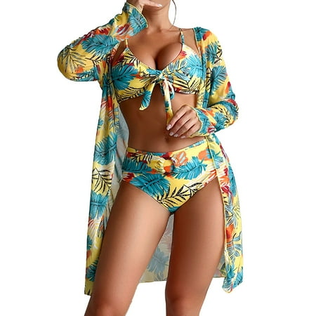 Wiueurtly Bikini Sets for Women Summer Multi Color Printed Bra Without Steel Support Three Piece Set Bathing Suit Cover Up Yellow