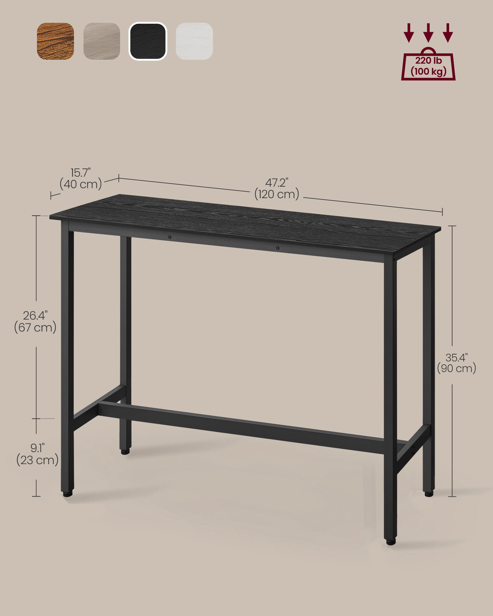 VASAGLE, Narrow Long Bar, Kitchen Dining, High Pub Table, Sturdy Metal Frame, Industrial Design, 15.7 x 47.2 x 35.4 Inches Ebony Black