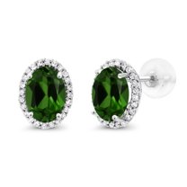 Gem Stone King 10K White Gold Green Chrome Diopside and White Diamond Halo Stud Earrings for Women | 1.74 Cttw | Gemstone Birthstone | Oval 7X5MM