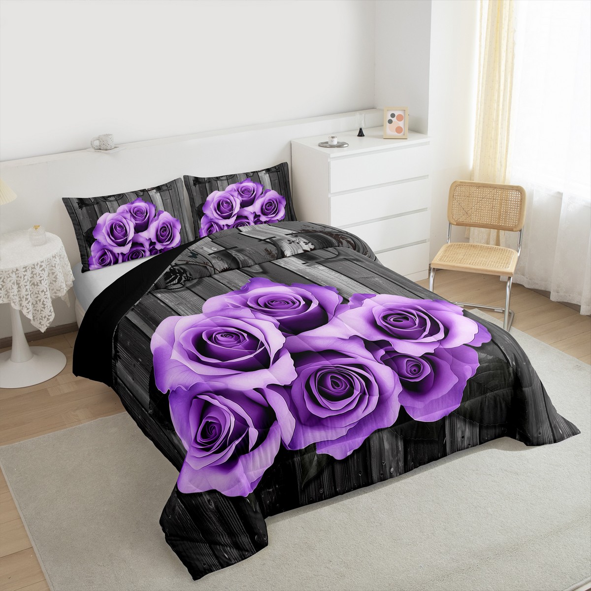 Lavender Color Rose Comforter Set Full Purple Black Grey Flower Bedding Set Women Couple Romantic Floral Down Comforter Retro Farmhouse Quilt Duvet Gifts For Valentine'S Day Wedding