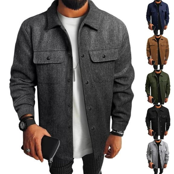 Men's Wool Blend Jacket Solid Color Lapel Button Front Flap Double Pocket Utility Coat for Fall Winter Business Christmas,Army Green,L