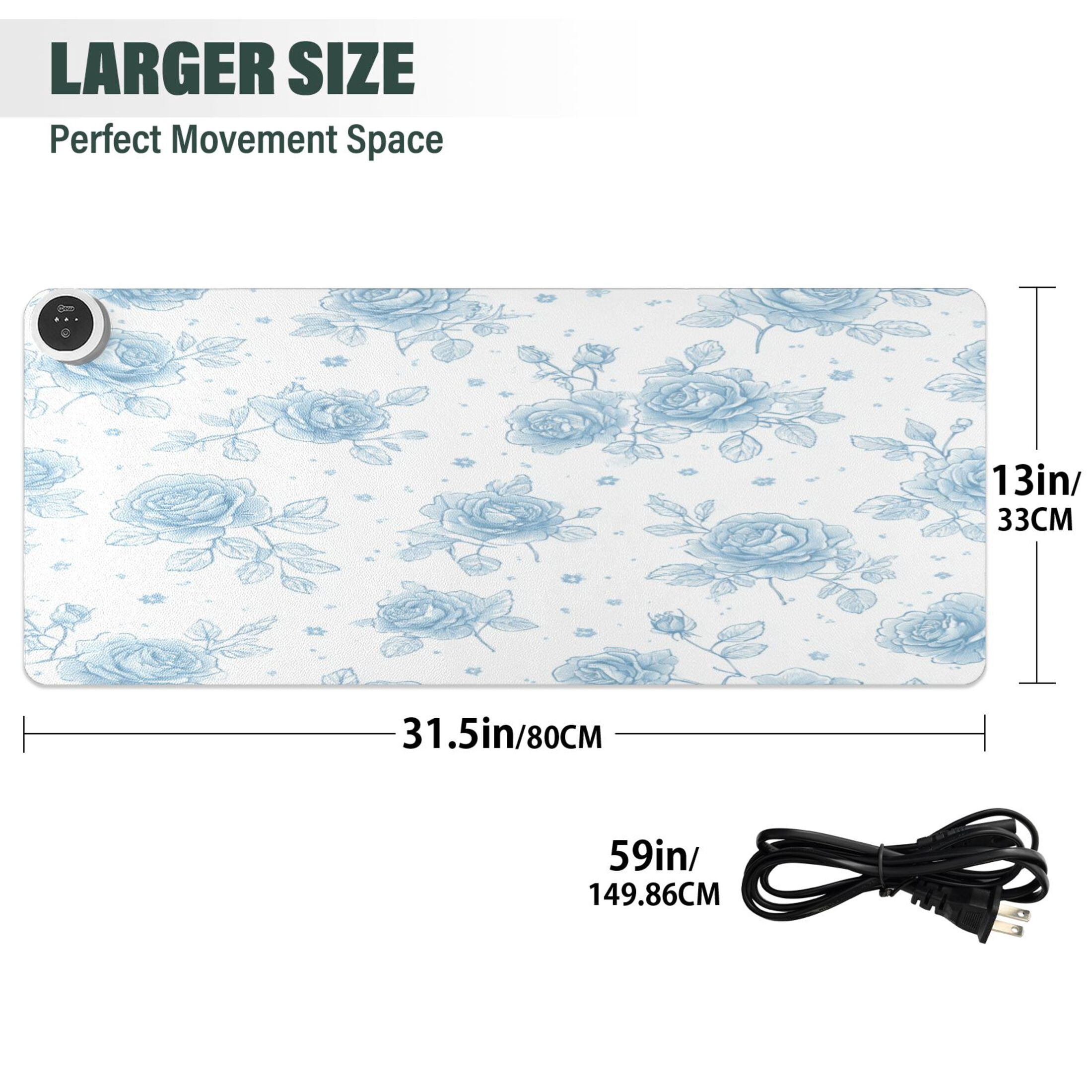Large Heated Desk Mat Mouse Pad 31.5"x13"PU Leather Graphene Heating Desk Warmer with 3 Temperature Settings 110V US Plug Non-Slip Warm Pad for Home, Office, and Gaming Elegant Blue Rose Garden