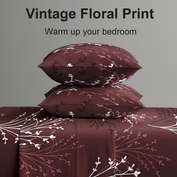 4pcs Bed Sheet Set for Queen Size Bed - Deep Pocket Fitted Sheet with Red Branch Bedspread, Soft Microfiber Bedding
