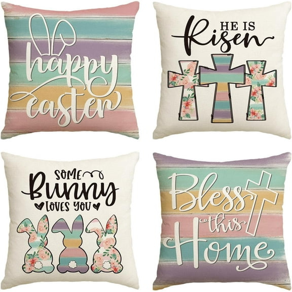 hofaaa Happy Easter He is Risen Throw Pillow Covers, 18 x 18 Inch Cross Bunny Bless Our Home Cushion Case Decoration for Sofa Couch Set of 4