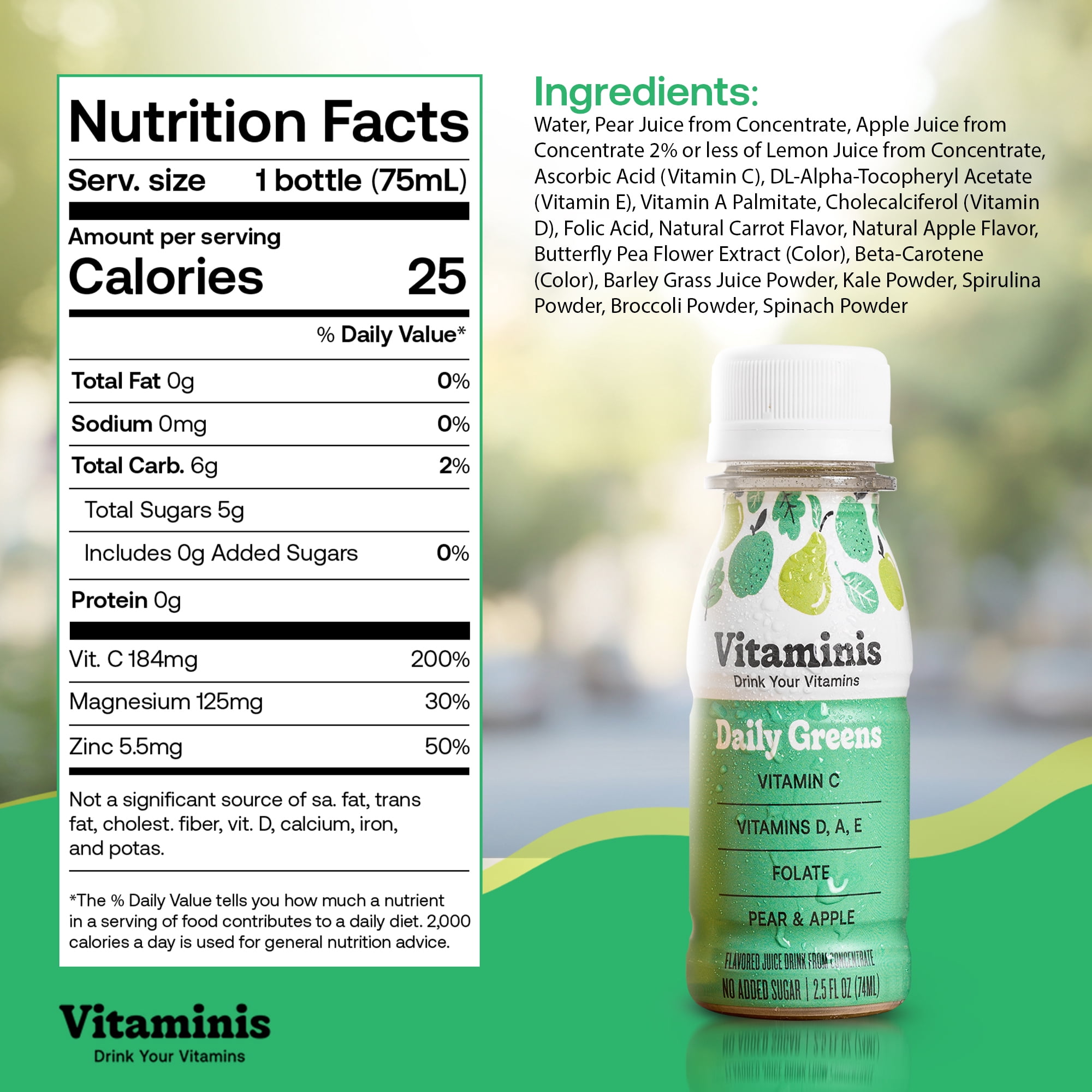 Vitaminis Daily Greens Shot, Apple Pear Juice Drink with Vitamins C, D, A, E & Folate, No Added Sugar, Non-GMO, Gluten-Free, Shelf-Stable Mini Bottles, 2.5 fl oz, 4 Count