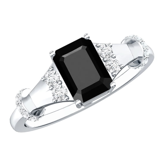 Rosec Jewels Natural Black Onyx Emerald Cut Engagement Ring (1.8 Carat, AAA Quality) - Black Onyx Diamond Ring for Women, 925 Sterling Silver, US 4.00