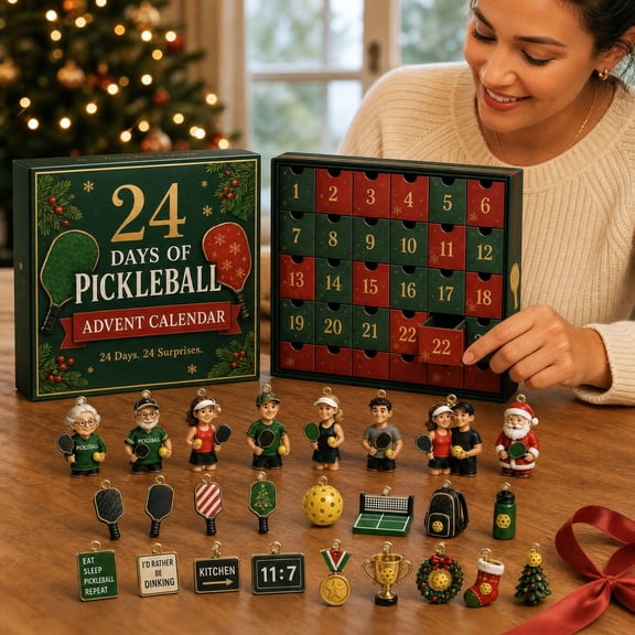 2026 Pickleball Advent Calendar, 24-Day Christmas Countdown with 24 2D Acrylic Pickleball Ornaments, Xmas Tree Home Decor and Holiday Gift for Pickleball Players