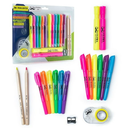 Plastic Highlighters Set - Mr. Pen- 18 Pc Highlighter Set Assorted Color, 6 Bible Highlighter and Gel Highlighter, 6 Narrow Highlighter, 2 Wide Highlighter, 2 Highlighter Pencil, Highlighter Tape with dispenser, Sharpener