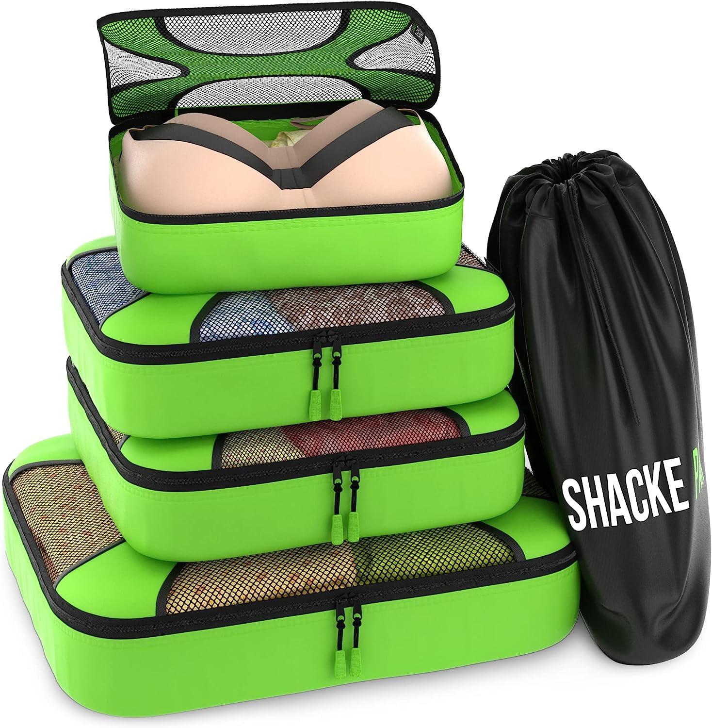 5 Set Packing Cubes Travel Organizers with Laundry Bag (Green Grass