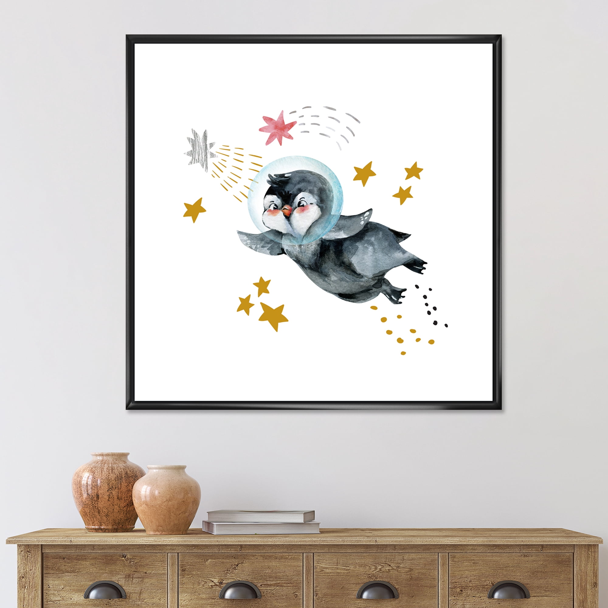 Designart 'Little Penguin Flying Planets and Stars I' Farmhouse Framed Canvas Wall Art Print