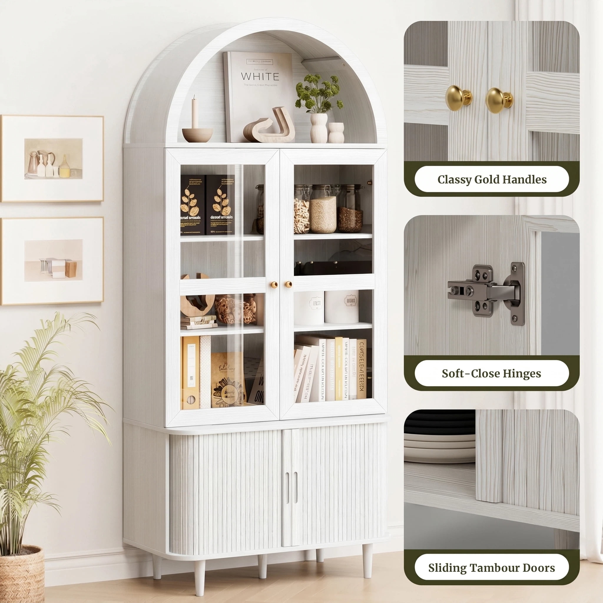 Aisword 71" Tall Arched Bookcases, 5-Tier Modern Farmhouse Bookshelf with Adjustable Shelves & Sliding Doors, Wood Display Storage Cabinet for Living Room, Office, White Withdoors