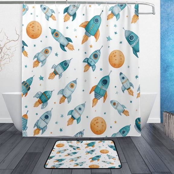 TTYFWHD 60" x 72" Shower Curtain and Bath Mat Set Little Rocket Ships Pattern Waterproof Bathroom Curtain with 12 Hooks, Bathroom Decor Set