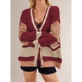 thumbnail image 2 of Women'S Fall Color Block Oversized Cardigan Sweater V-Neck Button Down Knit Cardigan Jacket Red S, 2 of 6