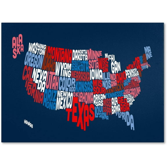 Trademark Fine Art "USA States Txt Map 2" Canvas Art by Michael Tompsett, 12" x 19"