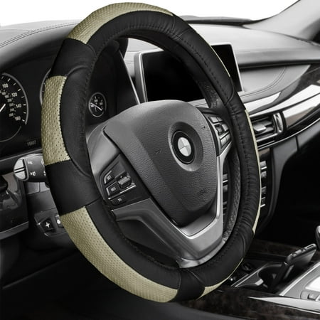 Premium Full Grain Leather - FH GROUP Premium Genuine Full Grain Leather Steering Wheel Cover, Beige and Black