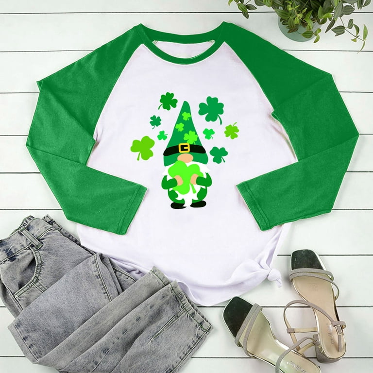 HAPIMO Savings Women's St.Patrick's Day Shirt Clover Graphic Print Pullover  Crewneck Tee Shirt Lucky Green Day Gifts Cozy Casual Classic Tops Raglan