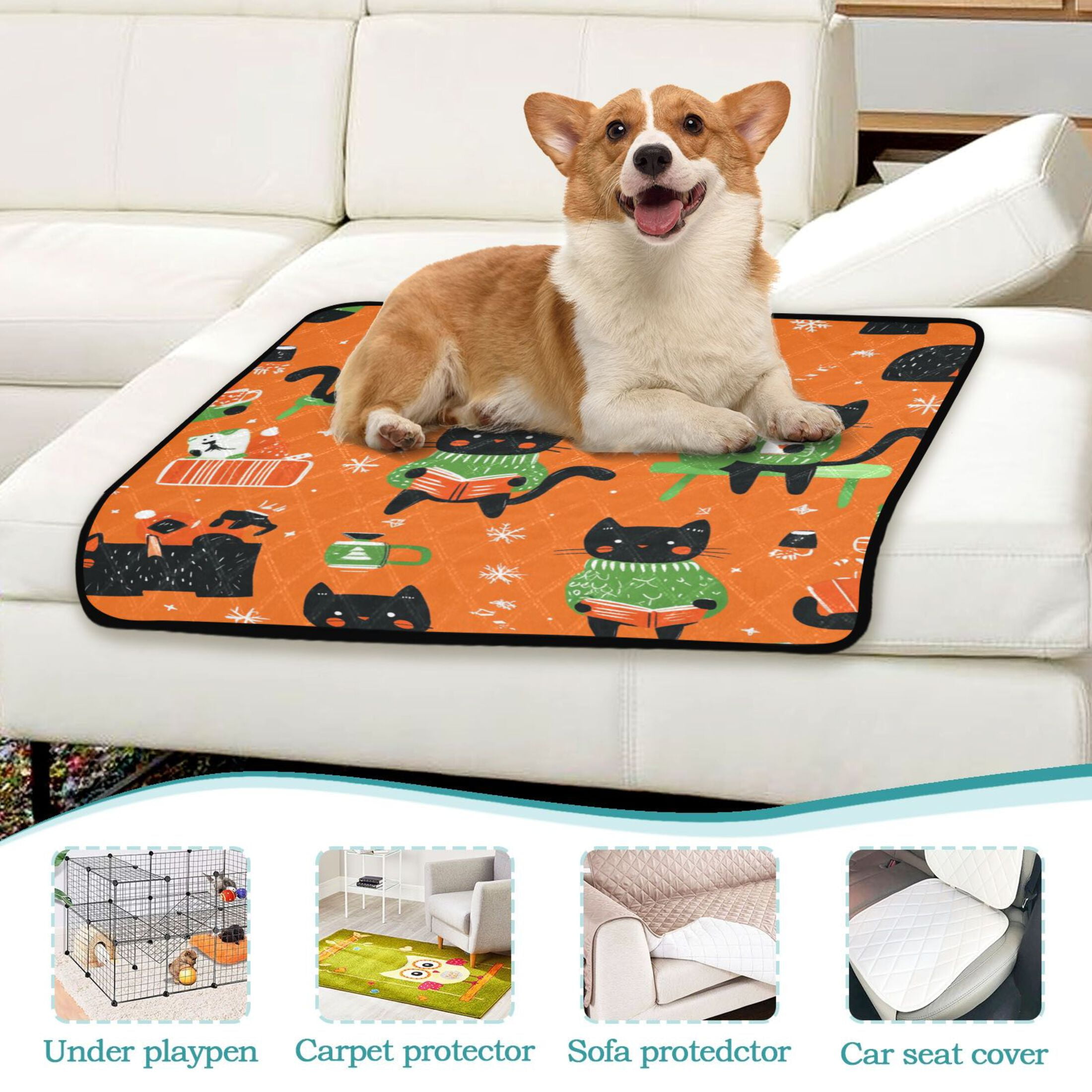 Washable Pet Pee Pads with Super Absorbent Reusable Training Pads for Dogs & Cats Cartoon Black Cats Pattern