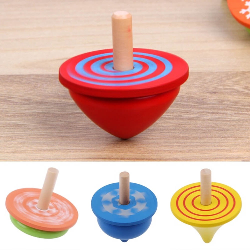 2x Mini Cartoon Wooden Spinning Top Toy Wood Gyro Classic Educational Kids Toys 
