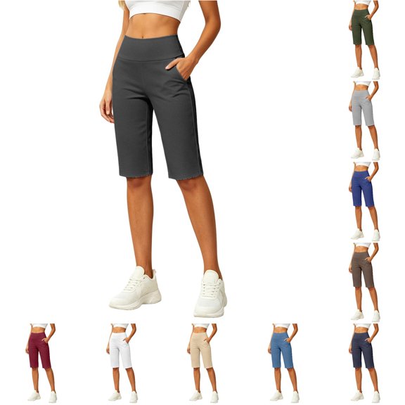 NinXxx Women's Long Shorts 14 Inch Knee Length Capris with Pockets High Waisted Athletic Black M