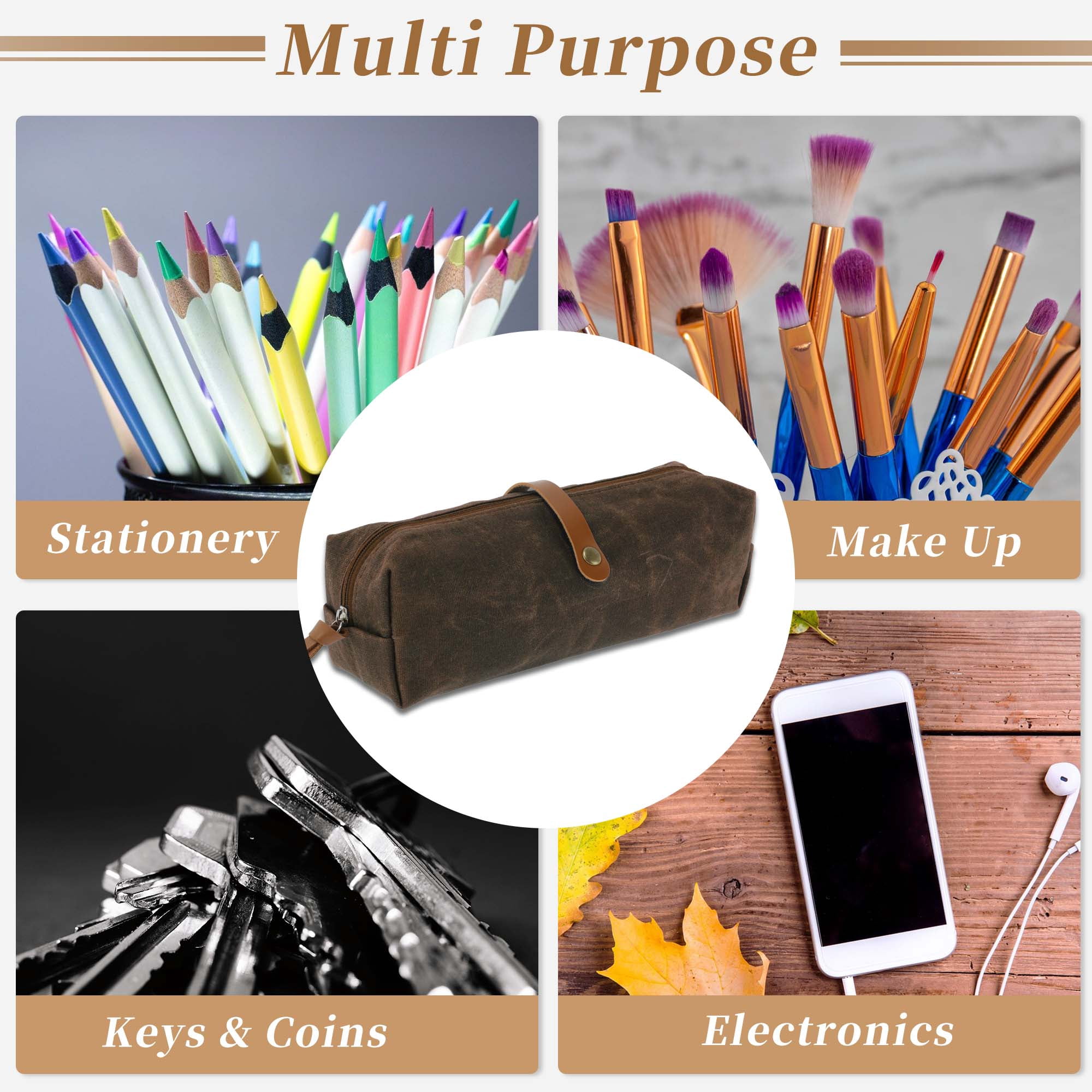 Unique Bargains Waxed Style Aesthetic Pen Bag Organizer Brown