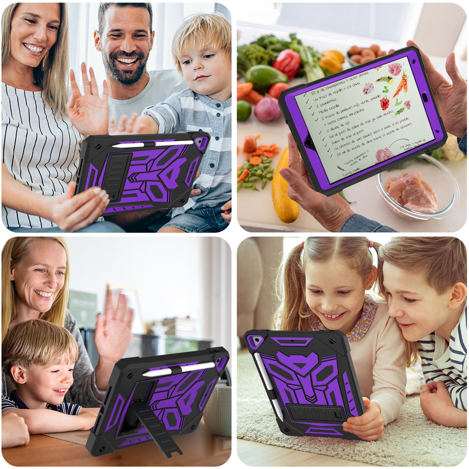 ELEHOLD Hybrid Rugged Case for iPad 9th/8th/7th Gen 10.2 2021/2020/2019, Heavy Duty Shockproof Case with Hidden Foldable Kickstand Adjustable Crossbody Shoulder Strap Pencil Holder,Black+Purple
