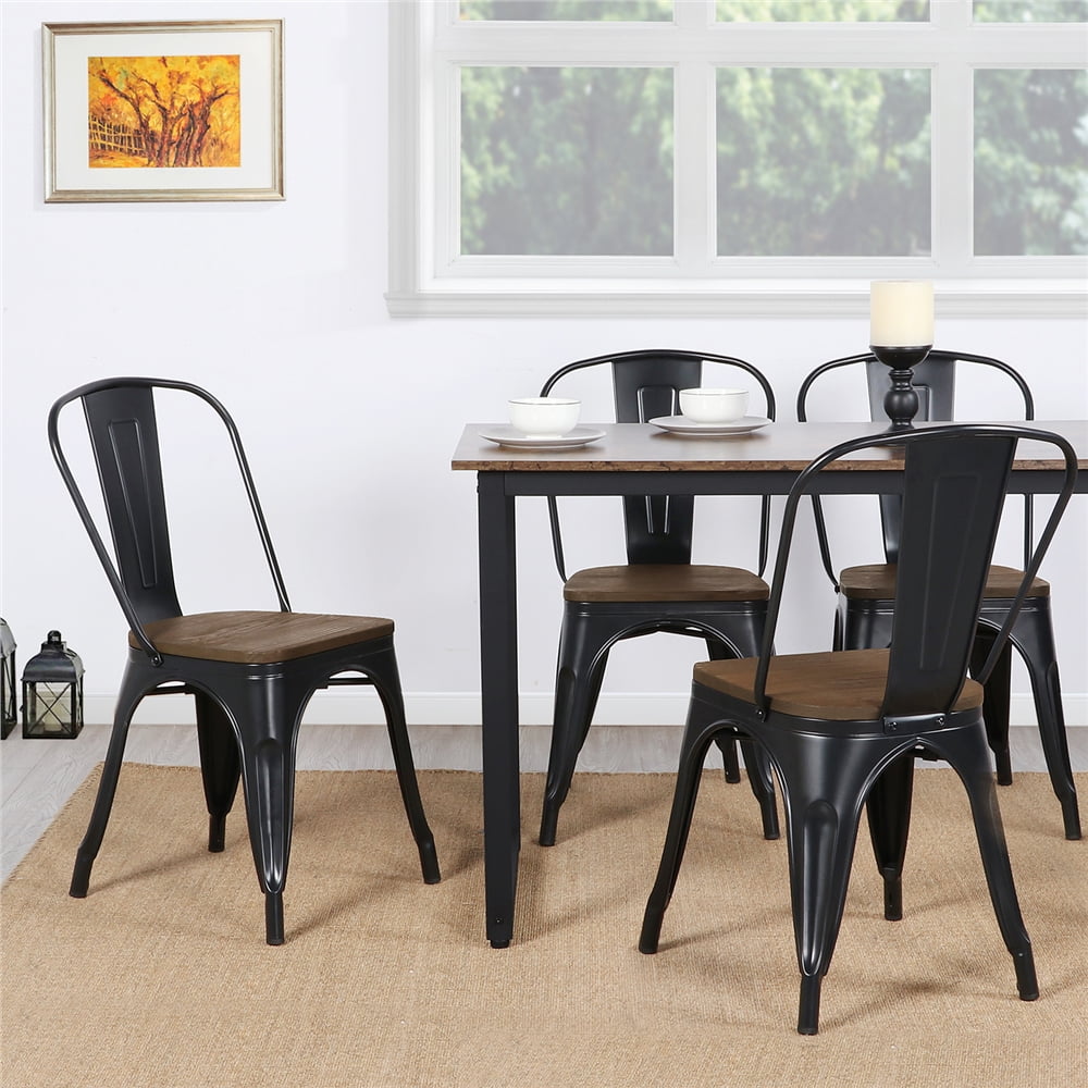 Alden Design Metal Stackable Dining Chairs with Wooden Seat, Set of 4, Black