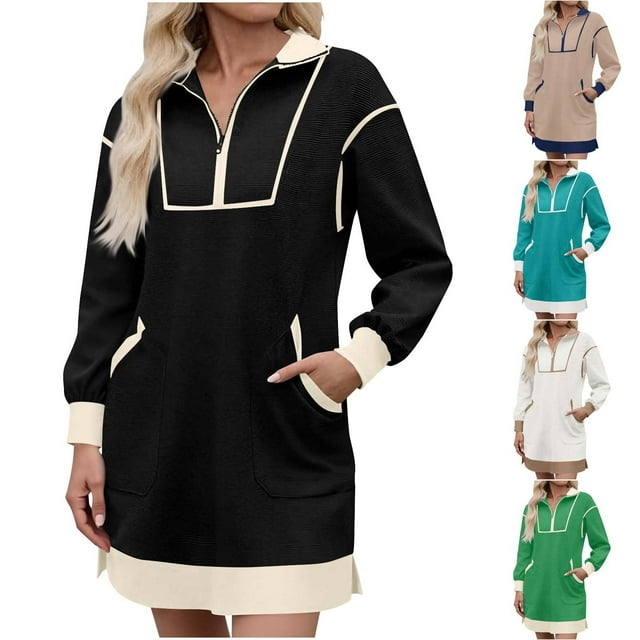 Ashirexll Robe d'Hiver pour Femmes, Robe à Manches Longues pour Femmes, Jupe-Chemise de Sport avec Demi-Fermeture Éclair, Col en V, Manches Longues, Robe Décontractée de Couleur Contrastante