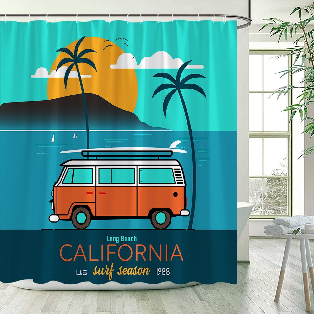 Ocean Beach Shower Curtains Coconut Trees Flamingo Travel Bus Surfboard