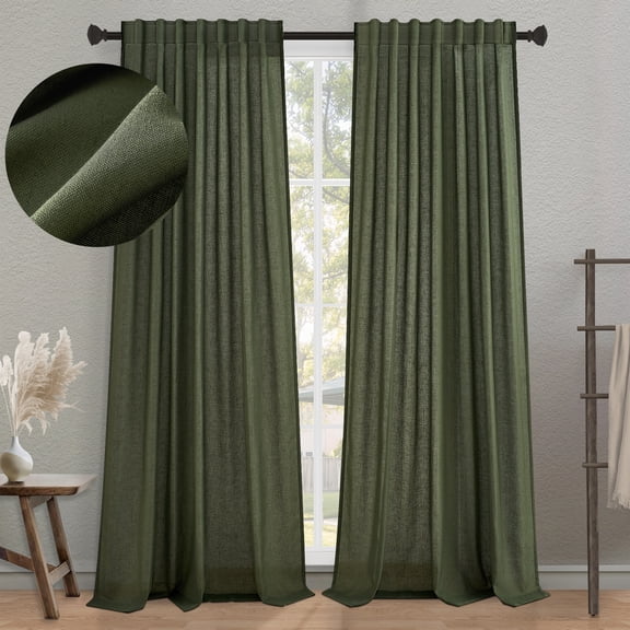 Jainmy Classic Flax Linen Blend Semi Sheer Curtains, Back Tab Drapes for Living Room Bedroom Dining Farmhouse, 52"x96", 2 Panels, Olive Green