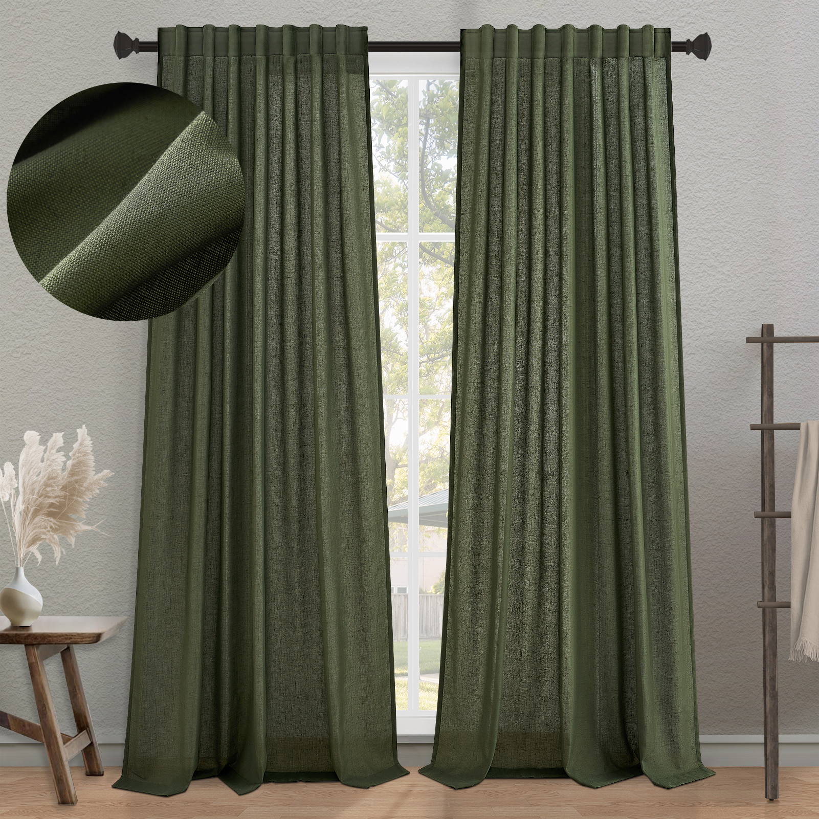 Jainmy Classic Flax Linen Blend Semi Sheer Curtains, Back Tab Drapes for Living Room Bedroom Dining Farmhouse, 52"x96", 2 Panels, Olive Green