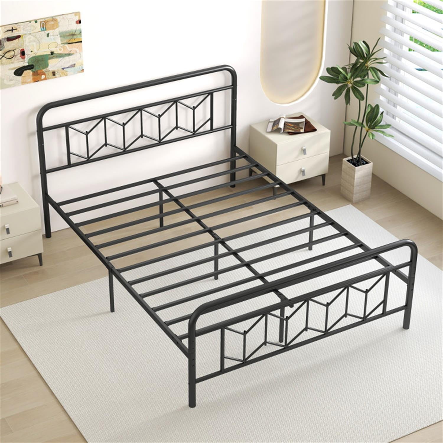 Demi Bonn Queen Size Bed Frame with High Headboard and Snap Lock Metal Slats, Platform Bed Frame with Under Bed Storage, No Box Spring Needed, Black