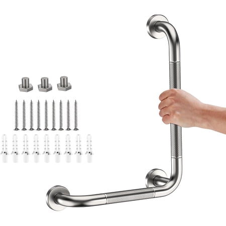 Angled Grab Bar 12x16 Inch Brushed Nickel Anti-slip Knurled Shower Handle Wall Mount, Stainless Steel Shower Bar for Seniors Injured Balance Support, Handicap Grab Bars for Bathtubs & Showers
