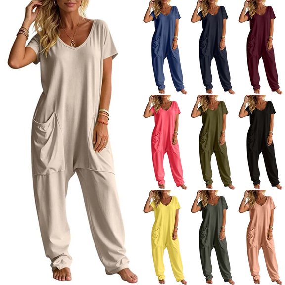 Tqcoqu Women's Solid V Neck Short Sleeve Jumpsuit, Loose Harem Baggy Long Pants One Piece Jumpsuit with Side Pockets