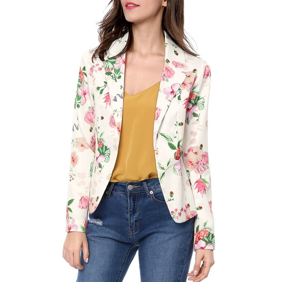 INSPIRE CHIC Women's Fitted Blazer Notch Lapel Printed Open Front Work Suit Jacket M White-Floral