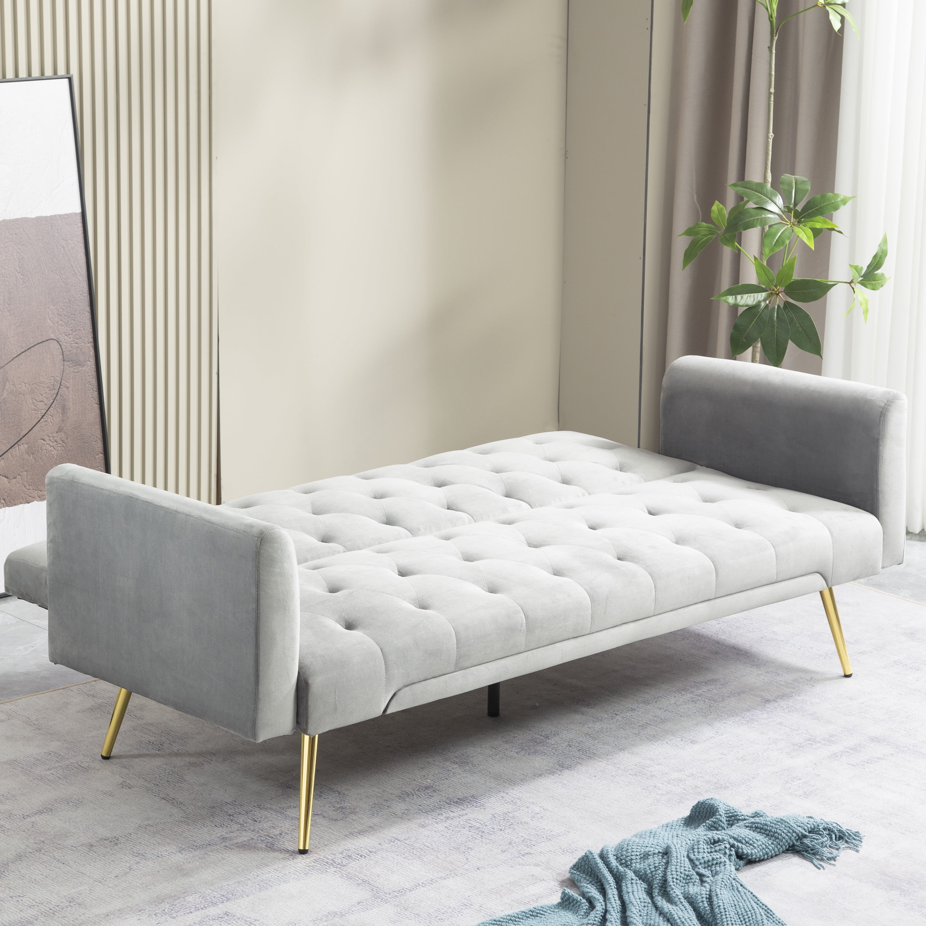 71 Inches Velvet Futon Sofa Bed with 2 Pillows,Modern Convertible Futon Couch with Adjustable Backrest,Gray