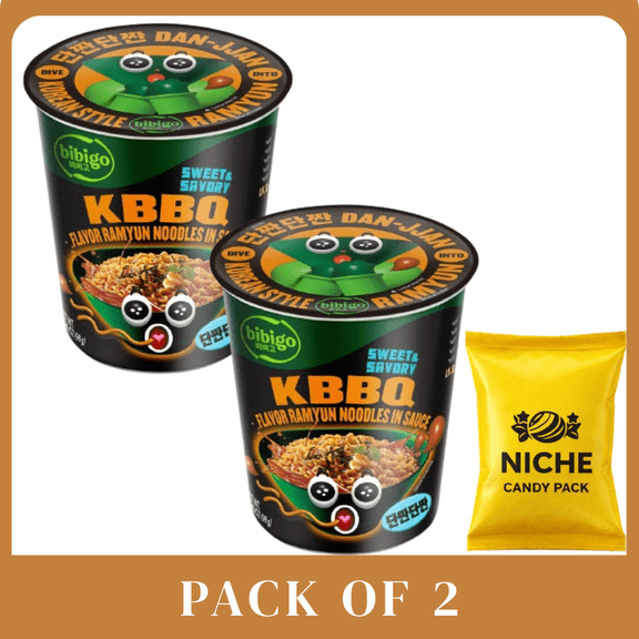 Bibigo Sweet and Savory KBBQ Korean-Style Sauced Instant Ramyun Noodles - 3.45oz-2 pack-with candy pack