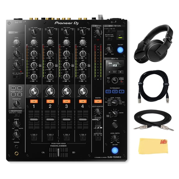 Pioneer DJM-750MK2 4-Channel Performance DJ Mixer - Bundle with Headphones, XLR Cable, TRS Cable, and Austin Bazaar Polishing Cloth