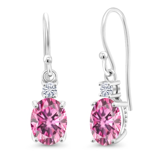 Gem Stone King 10K White Gold Pink Moissanite and White Moissanite Dangle Earrings for Women (2.89 Cttw, Gemstone Birthstone, Oval 8X6MM)