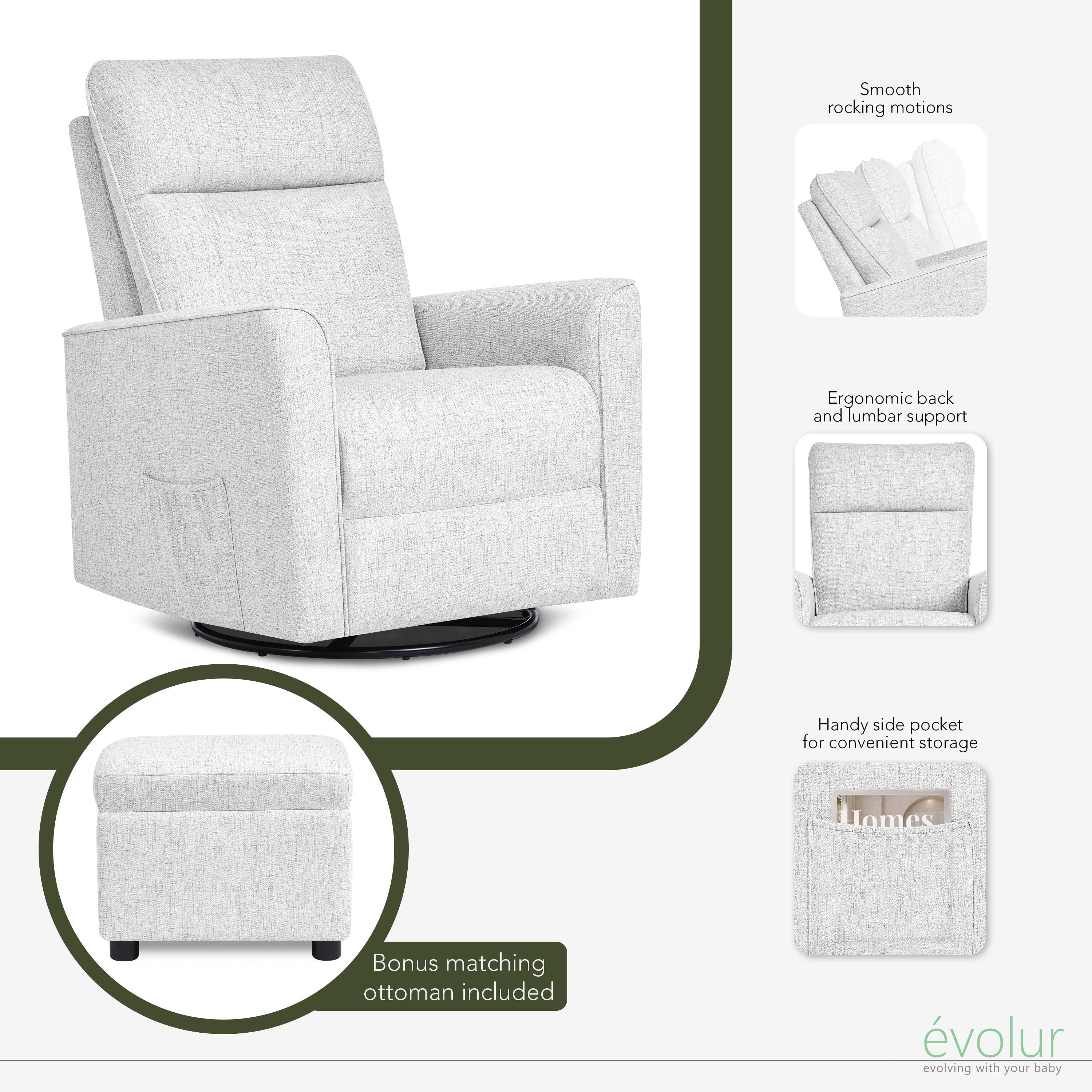Evolur Aria Swivel Glider with Ottoman / Swivel Glider / Easy assembly Leisure Chair, Fog Grey