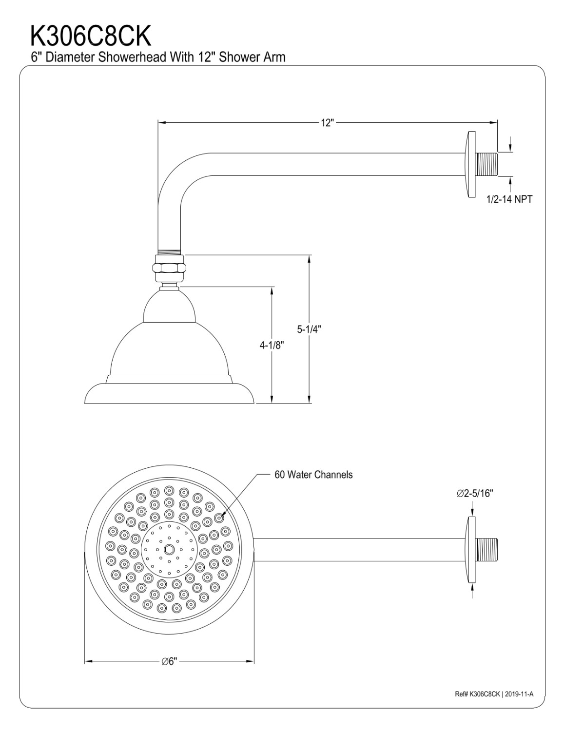 Kingston Brass K306C8CK Shower Scape 6" Bell-Shaped Brass Shower Head with 12" Shower Arm, Brushed Nickel