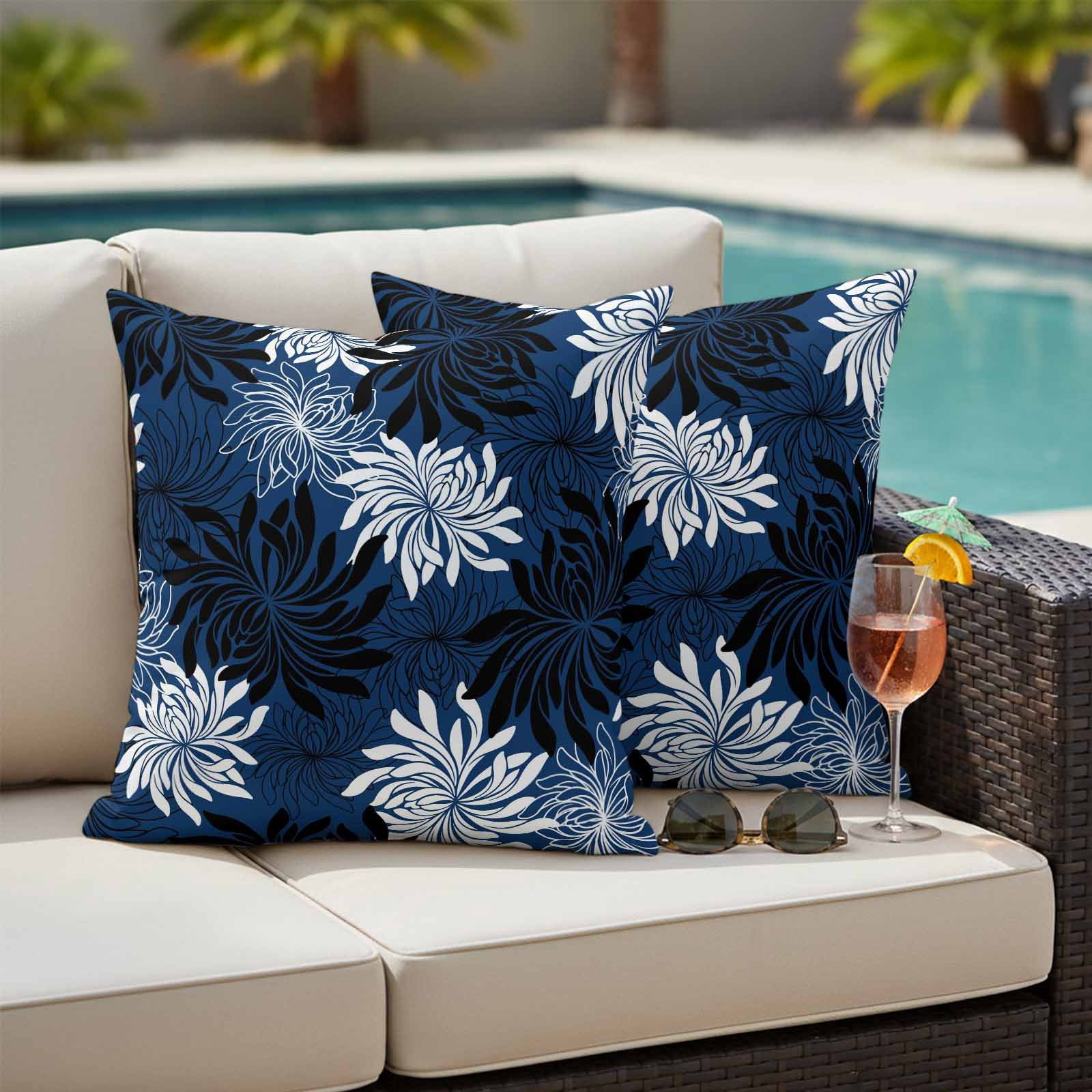 Blue Black Flowers Outdoor Waterproof Throw Pillow Covers 20x20 Set of 2, Modern Abstract Blooms Floral Decorative Pillowcases Cushion Pillowcase for Couch Sofa Patio Outside Pillow Protector