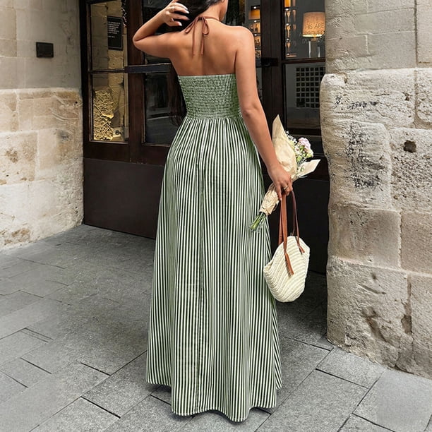 olive beach dress Women's Striped Halter V-Neck Maxi Sundress Tunic Open Back Vacation Summer Dress Green XL Green 90%Polyester thumb-groups2:mens-standard-captains Jovani 42412 Size 2 Taglia:44