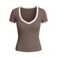 thumbnail image 5 of idosla Women's Ribbed V Neck Short Sleeve T-Shirts Slim Fit Stretchy Basic Tee Tops Summer Casual Soft Tops for Daily Wear (Khaki, XL), 5 of 7