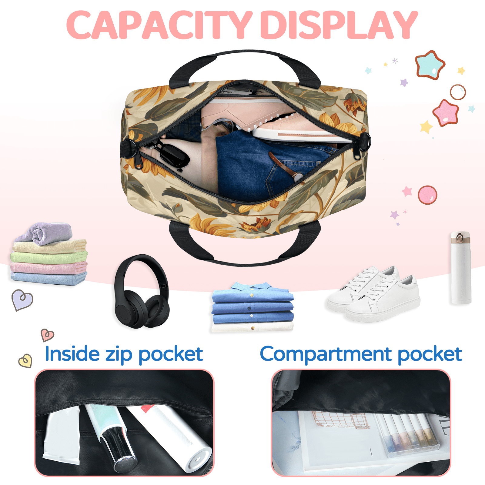 Herdesigns Sunflowers Gym Bag for Women, Duffle Bag for Travel Sport, Floral Lightweight Waterproof Carry on Weekender Dance Yoga Workout Bags