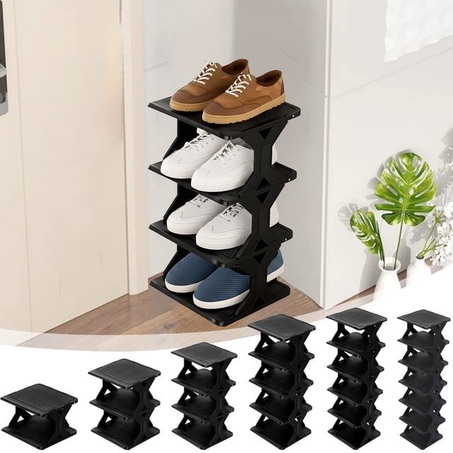 Plastic Shoe Rack Organizer Thickened & Widened Corner Design Stackable Storage Shelf Black Lightweight, Durable, Ventilated, Removable 27 x 26 x 16.5 cm 1 Pack