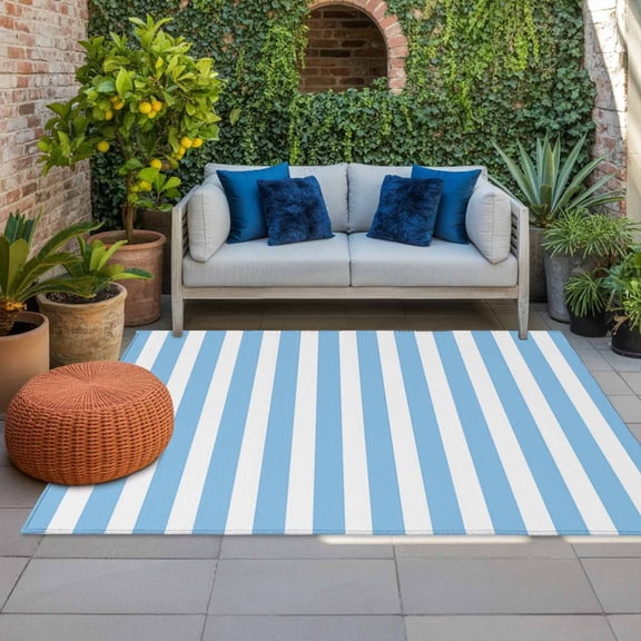 Outdoor Rug 5x8ft Blue and White Stripe Large Area Rug Simple Style Indoor Outdoor Carpet Outdoor Rugs Mats for Patio Camping,RV,Front Door, Outside Decor