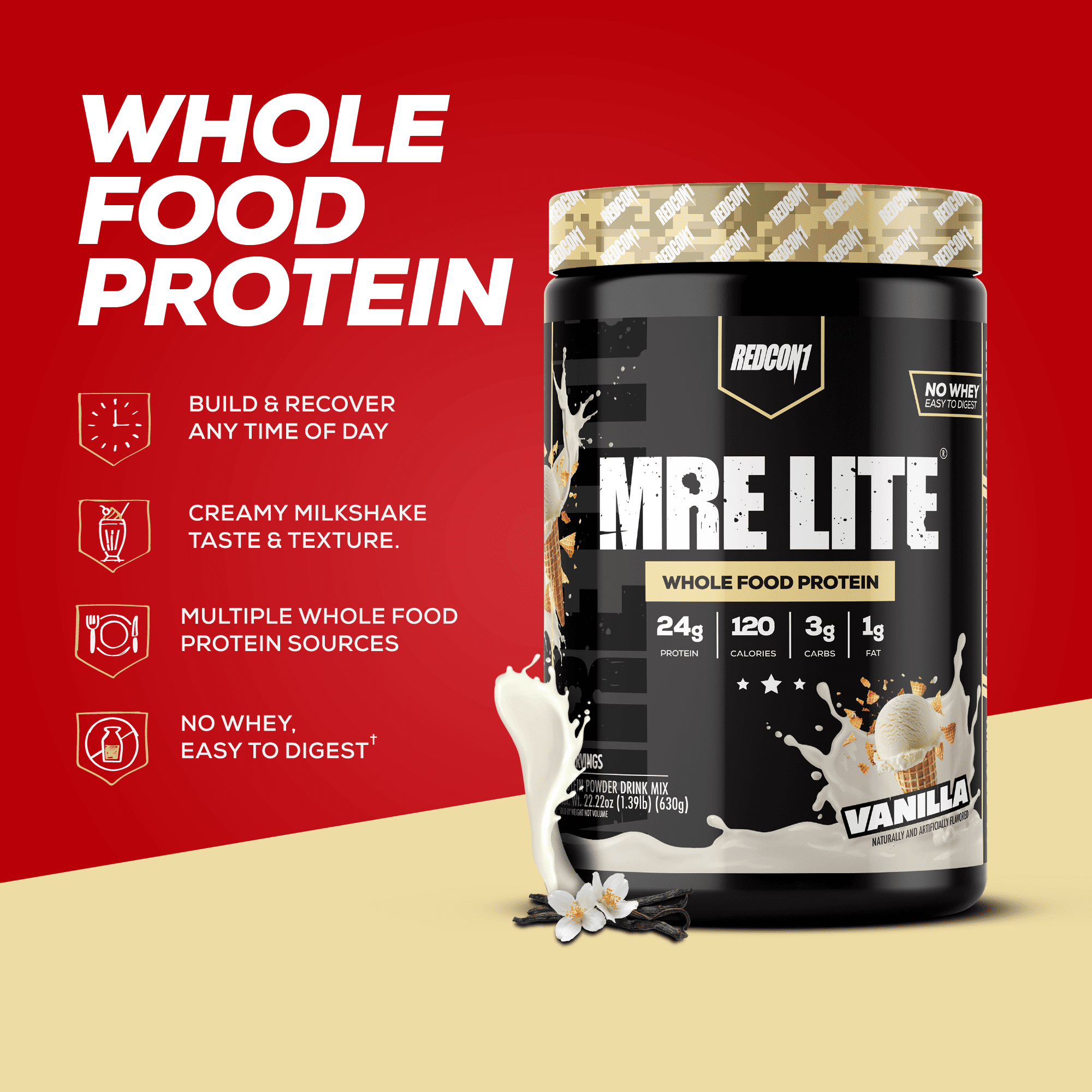 REDCON1 MRE Lite Whole Food Protein Powder, Vanilla Milkshake, Whey & Lactose Free Meal Replacement, Easy to Digest, 20 Servings