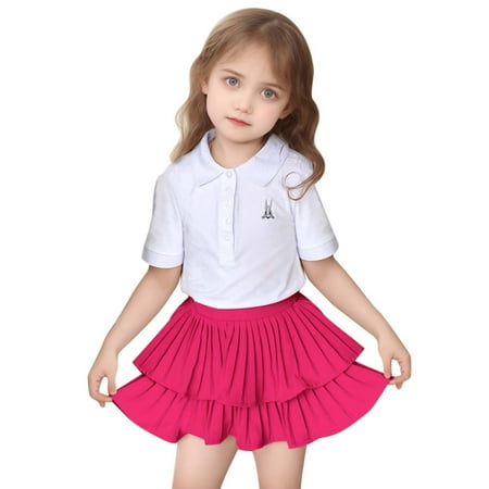 Girls Dresses Summer Casual Sundress Mini Pleated Skirt Skort Ruffle Tutu Skirt With Shorts Underneath Cute Dresses For Girls Hot Pink Size 9-10 Years