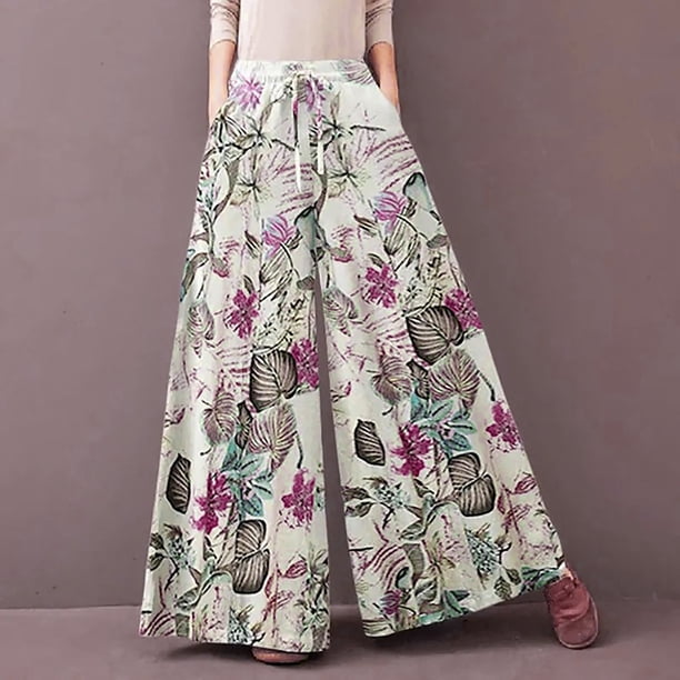 WILLBEST Pantalones Casuales elegantes para Mujer, con Estampado Floral, Cintura Elástica, Pierna Ancha, Diseño de Bolsillo, Pantalones Largos para Uso Diario Extra Grande